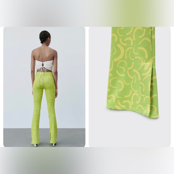 Zara| Neon Green Marbled 70’s Style Wide Leg Pull On Pants, Flare w Slit•••NWT - Picture 4 of 16